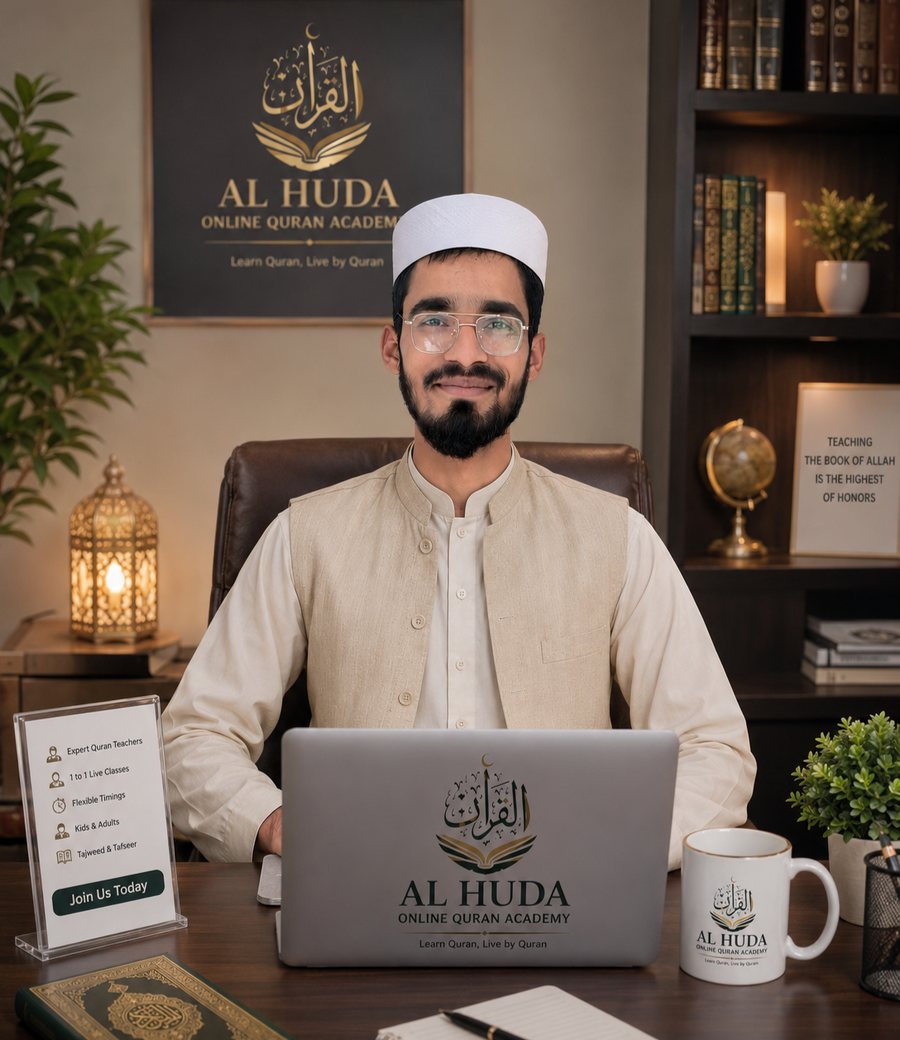 Hafiz Muhammad Nabeel, Founder of Al Huda Online Quran Academy, at his desk during an online Quran class
